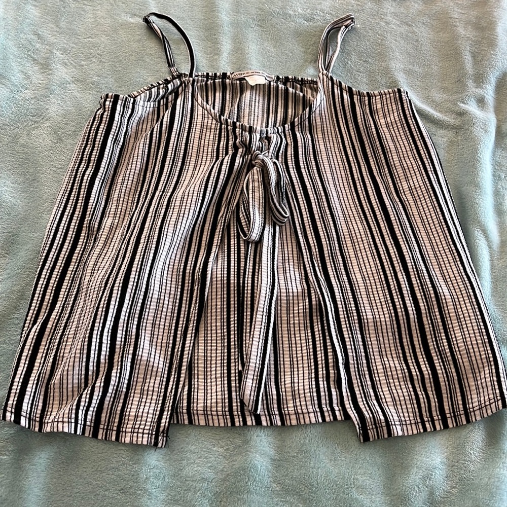 Avenue of the Stars Vertical Stripped Spaghetti Strap Top with Front Tie
